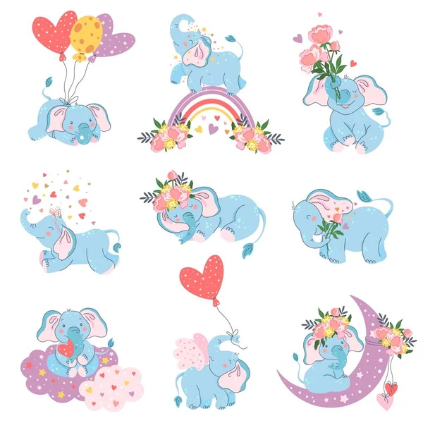 Elephants Love Romantic Cute Animal Elephant Heart Shapes Flowers Vector — Vector de stock