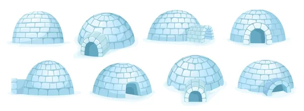 Cartoon igloo. Snow hut, winter house builded of snow and arctic shelter building from different angles vector set. Frozen traditional construction made of blocks, cold climate outdoor
