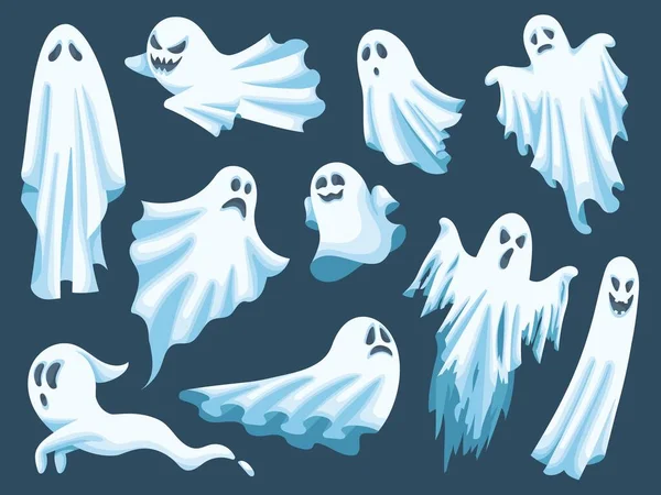 Cartoon ghost. Spooky Halloween spirit, poltergeist characters, angry and happy ghosts in white cloth vector illustration set. Mysterious nightmare with frightening face expressions