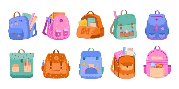 School Backpacks Kids Schoolbags Childish Bags School Supplies Books Stationery — Stock Vector