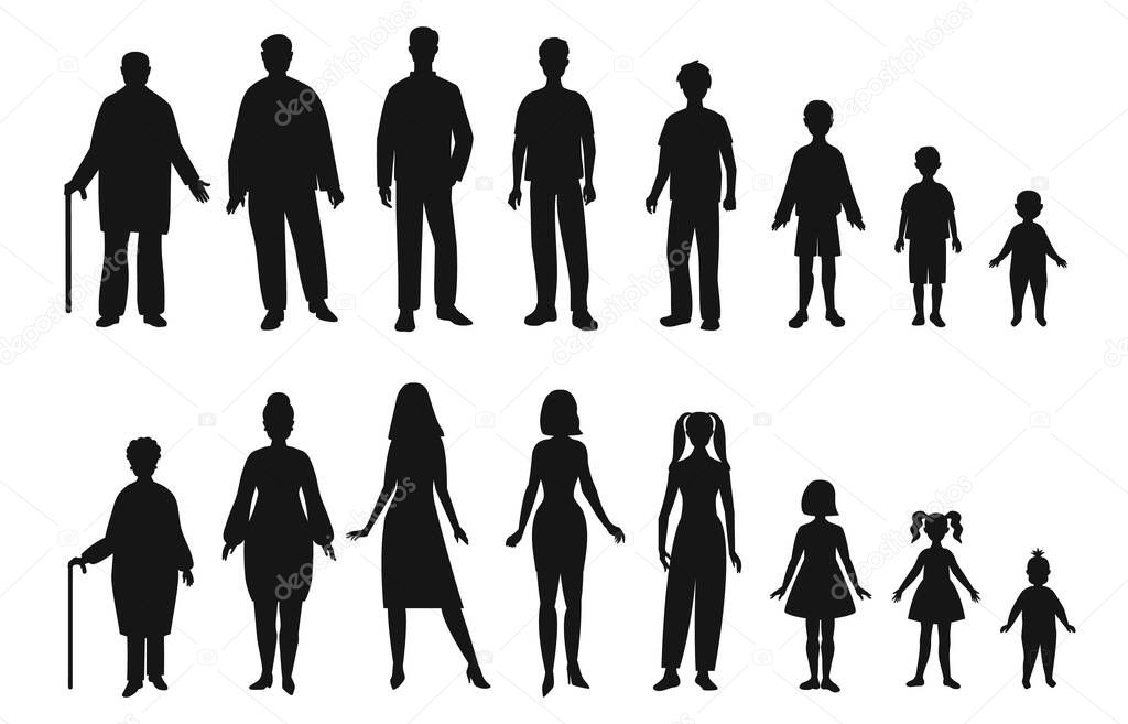 Human life cycle. Full silhouette of man and woman, young, adult and elderly vector illustration set. Female and make characters on different age stages from toddlers to grandparents