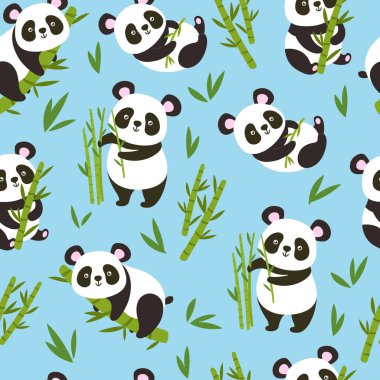 Pandalar. Bambu dalları olan kusursuz bebek panda, sevimli porselen hayvan vektör çizimi. Kumaş için bitkileri olan farklı pozisyonlardaki sevimli karakterler.