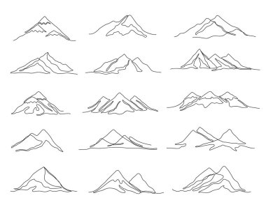 Bir sıra dağ. Doğrusal dağ sıraları ve sürekli dış hat zirveleri, seyahat vektör çizimi. Keşif, tırmanma veya yürüyüş logosu için minimal tek tasarım