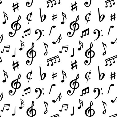 Müzik notaları. Kusursuz şarkı nota kağıtları, soyut müzikal nota çizimi. Melodi kompozisyonu için kaotik semboller, örtü ve kumaş için enstrümanlar çalmak