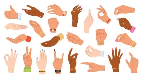 手的姿势人类的手握住 指向和握住 多种族的手与配件在手腕向量说明集 使用肢体语言佩戴戒指 手镯和手表的男女角色 — 图库矢量图片