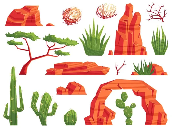 Cartoon Sand Desert Elements Western Cactuses Tumbleweeds Aloe Plants Mountain — Vettoriale Stock