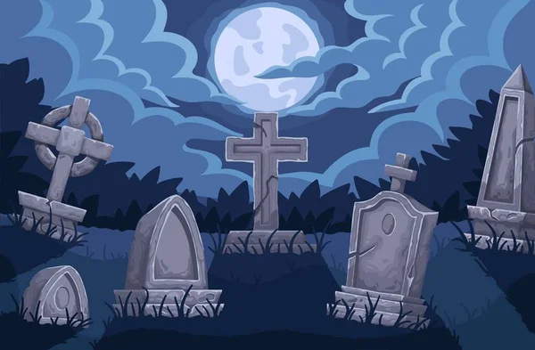 Full Moon Graveyard Spooky Halloween Night Graves Cemetery Tombstones Cloudy —  Vetores de Stock