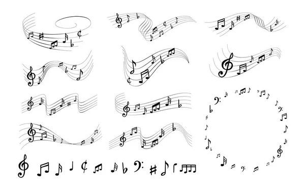 Notas Partituras Elegantes Líneas Musicales Notación Musical Remolinos Con Símbolos — Vector de stock