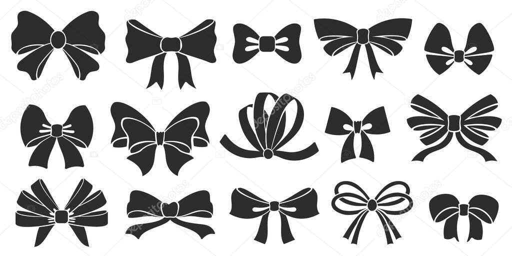 Ribbon bow icons. Stencil elegant knot, tie bows silhouette and ribbons for gift decorating vector set. Female hair accessory and male clothing element for festive and fashionable outfit
