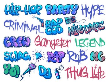 Rap graffiti. Hip-hop legend, RnB party and gangster crew street art calligraphy tags with grunge paint texture vector set. Colorful lettering or urban freestyle writing isolated on white