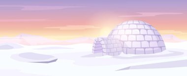 Igloo on Arctic landscape. Ice house, Anarctica snowy background and snow hut vector illustration. Frozen home building standing on snow scene. Icy construction exterior with sunset sky