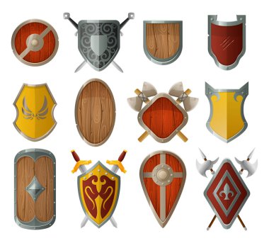 Cartoon medieval shield. Old castle decor, armor with crossed swords, wooden and metal shields vector set. Military protective ammo with defensive equipment isolated on white, battle weapons