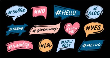 Hashtag banners. Social media tags, internet slang words and online communication hashtags for posts vector set. Networking sites phrases as hello, blog, follow me, lol in different frames