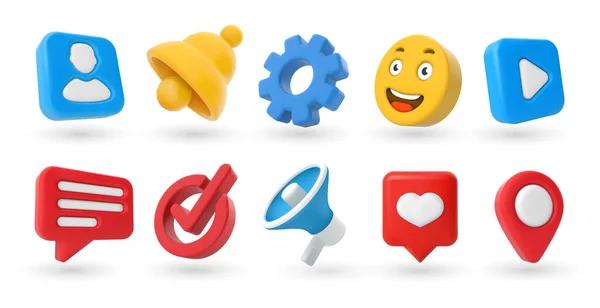 Marketing Ícones Pino Localização Marca Verificação Emoji Sorriso Amarelo Sino — Vetor de Stock