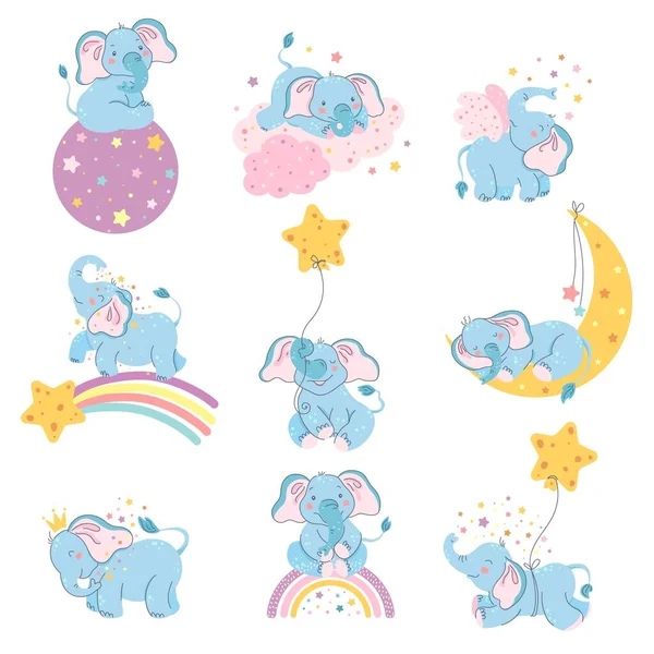 Dreamy Elephants Character Cute Animal Sleep Moon Baby Elephant Dream — Vector de stock