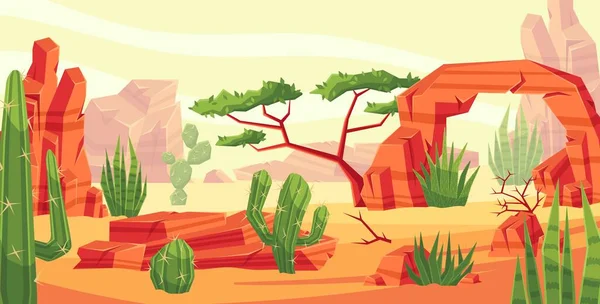 Desert landscape with cactus valley. Wild west dune, hot rocks and mexican canyon scene vector background illustration. Arid land with vegetation as succulents, tree and aloe in extreme climate