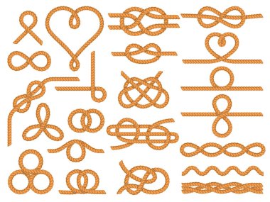 Nautical rope knots. Nautical knot ornaments, yacht style dividers and marine ropes frame boarder vector decoration set. String knot twisted in heart, round and wavy shapes isolated on white