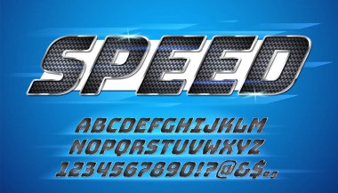 Carbon fiber font. Textured metallic letters, chrome steel alphabet for fast sport style lettering vector set. Stainless material typeface with latin abc, numbers and exclamation marks