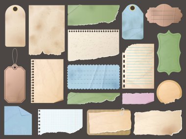 Vintage scrapbook elements. Note page with paper texture and torn edge, vintage tag and old sticker label vector set. Realistic colorful pieces or damaged notepaper sheets for messages