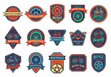 Bicycle badge. Bike club sticker, repair service and store emblem. Custom bicycles shop vector set. Repairing and selling quality cycling vehicles. Extreme sport transportation isolated set