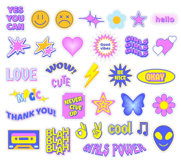 Trendy Y2K Stickers Cute Girly Patches Butterfly Glamour Heart Symbols — ストックベクタ