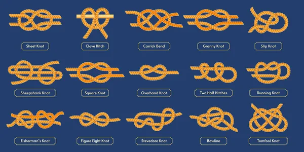 Sailing Rope Knot Square Reef Tomfool Overhand Knots Nautical Rope — Archivo Imágenes Vectoriales