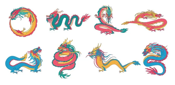 Ασιάτες Δράκοι Κινεζικά Μυθολογικά Πλάσματα Αρχαία Μυθικά Ζώα Και Ουρόβορο — Διανυσματικό Αρχείο