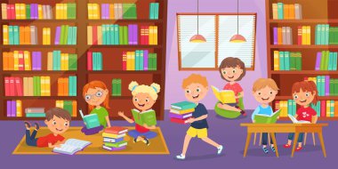 Kids library. Children study together, reading books and young readers club vector illustration. Boys and girls holding textbooks and learning or studying, school literature concept