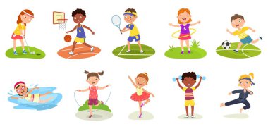 Sport kids. Basketball kid, karate boy and girl playing golf. Swimming, soccer and tennis activities. Jump rope, spin a hoop, do ballet and exercises vector set. Children with equipment