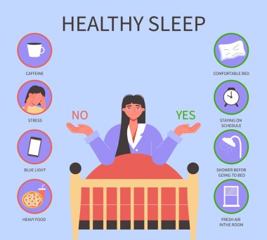 Tips for healthy sleep. Good sleep rules or recommendations, causes of insomnia infographic with tired girl in bed vector illustration. Woman character with sleeping problems with advice