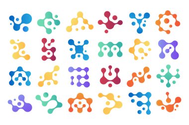 Connected molecules. Chemical icon, metaball shape and biology science data vector symbols set. Biological structures logo templates. Colorful fluid shape chains, futuristic isolated particles
