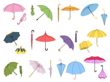 Various umbrellas. Folded parasol, open umbrella for rainy weather. Different shape accessories vector set. Colorful waterproof objects with handles for autumn or spring season protection
