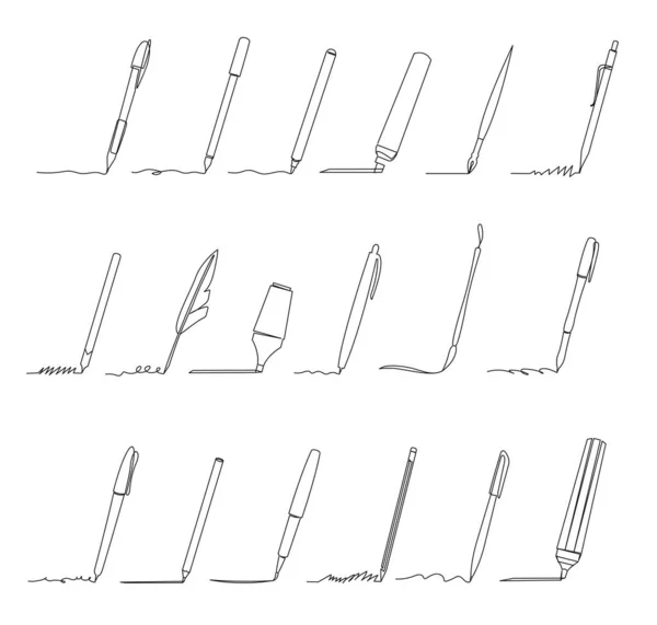 Continuous One Line Writing Accessories Sketch Pencil Brush Pen Draw — Stockový vektor