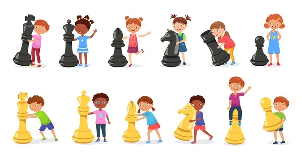 Kids Giant Chess Figures Cartoon Child Playing Chess Game Huge — 图库矢量图片
