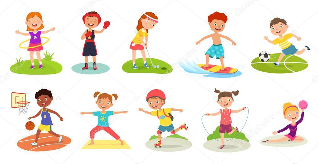 Children sport activities. Different exercises for active kids, happy boys and girls practicing sports and play vector set. Characters boxing, surfing and doing gymnastics, roller skating