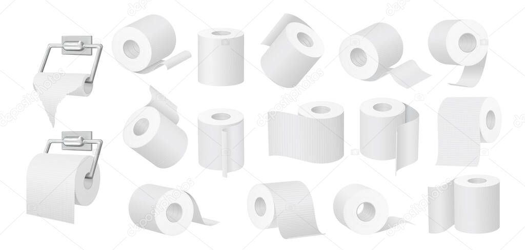 Toilet paper roll. Soft white rolls, empty tube and 3D kitchen towel vector set. Washroom metal accessory for hygiene paper tissues. Restroom metal holder for wipes isolated on white