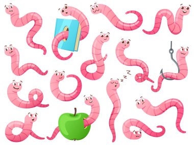 Cartoon worm in different poses. Crawling earthworm, attractive worm on hook and bookworm vector set. Cute characters with different emotions, happy, scared and surprised emoticons