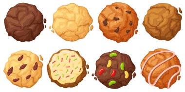 Sugar cookie. Chewy sprinkles, chocolate chip, soft frosted and fudge oatmeal cookies top view vector Illustration set. Fresh delicious pastry, crunchy homemade confectionery with icing, nuts
