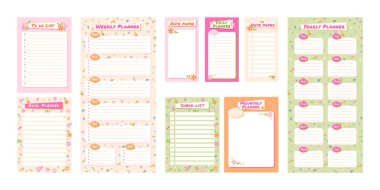 Cute planner templates. To do list with flower ornament, check list and note paper. Daily, weekly, monthly and yearly planners vector set. Organizer with pages for notes, time management