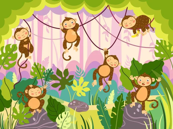 Jungle Monkey Funny Ape Hanging Lianas Wild Monkeys Various Poses — Image vectorielle