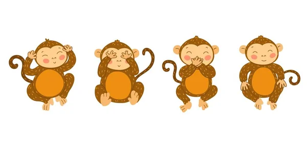 Wise Monkeys Cute Ape Hands Covering Mouth Eyes Ears Blind —  Vetores de Stock
