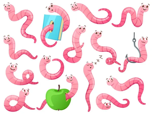 Cartoon Worm Different Poses Crawling Earthworm Attractive Worm Hook Bookworm —  Vetores de Stock