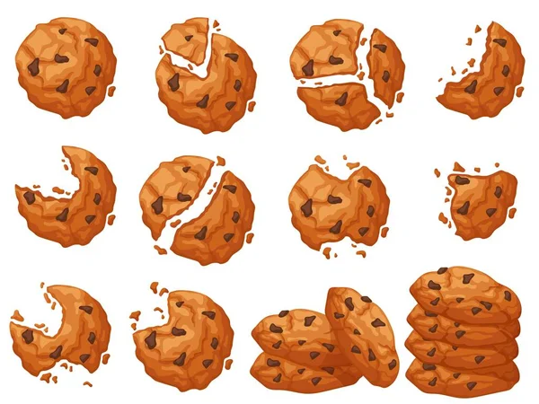 Chocolate Chip Cookie Broken Bitten Dessert Crumbs Pile Cookies Vector — Image vectorielle