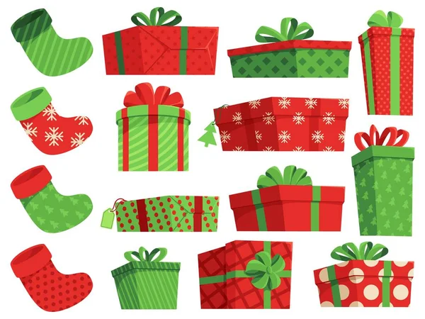 Christmas Gifts Xmas Stocking Presents Wrapped Boxes Decorated Winter Holidays — Stockový vektor