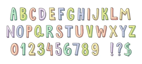 Χειροποίητη Γραμματοσειρά Χαριτωμένη Γραμματοσειρά Πολύχρωμα Γράμματα Και Αριθμούς Κινουμένων Σχεδίων — Διανυσματικό Αρχείο