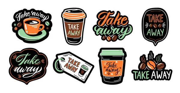 Take Away Coffee Labels Takeaway Cup Tag Hand Drawn Lettering — ストックベクタ