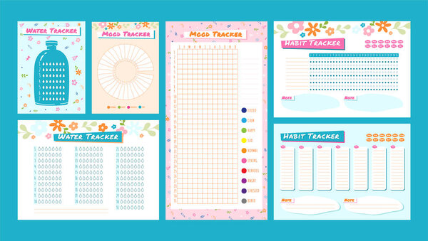 Cute tracker. Water hydrate journal, mood notes and habits trackers printable template vector set. Monthly planner for improvement and management. Motivational isolated pages with schedule