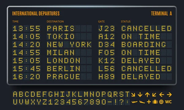 Vezettem Repteret Indulás Táblázat Információs Képernyő Légitársaság Terminál Digitális Betűtípus — Stock Vector