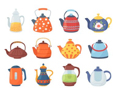 Çizgi film çaydanlıkları ve çaydanlıklar. Çay sürahisi, kahve sürahisi ve seramik mutfak aletleri. Dekoratif çanak çömlek ögeleri izole edilmiş vektör çizim seti çaydanlık çayı ve sürahi