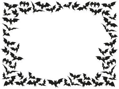 Halloween bats frame. Flock border, flying bat background and spooky night animals with wings vector template of halloween bats border silhouette illustration clipart